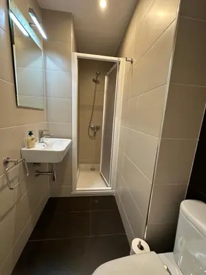 a bathroom with a shower and a sink and a toilet at Esglesia 2 in Arenys de Mar