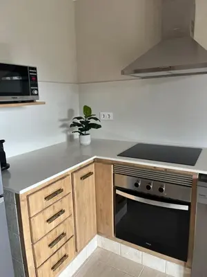 a kitchen with a stove and a microwave at Can Sura in Campíns