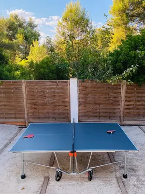 a blue ping pong table in front of a fence at Pineda 38 in Gavà