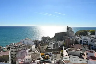 an aerial view of a city next to the ocean at Apartamento con piscina en Sant Pol de Mar in San Pol de Mar