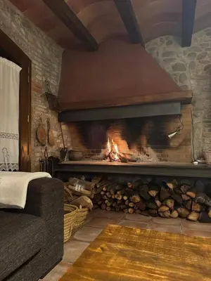 a living room with a fireplace and a couch at Ca l'Esclatat in Santa María de Palautordera