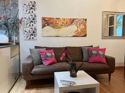 a living room with a brown couch with pink pillows at Blasco de Garay: acogedor apartamento en el corazón de Poble-sec in Barcelona
