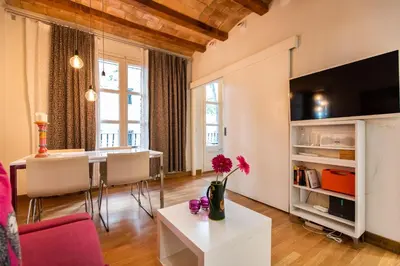a living room with a table and a tv at Blasco de Garay: acogedor apartamento en el corazón de Poble-sec in Barcelona