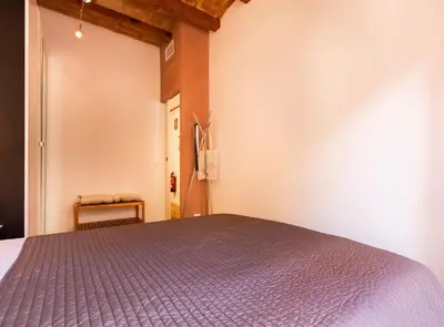 a bedroom with a bed with a purple bedspread at Tapioles · Lovely apartment in Poble Sec in Barcelona