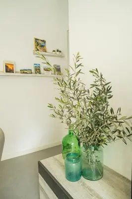 a green vase with a plant in it on a table at Cal Rami in Castellbell i Vilar