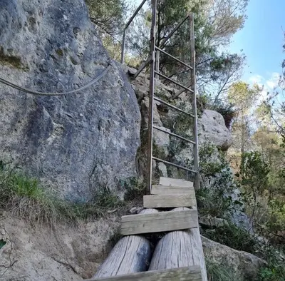 a wooden staircase on a rocky mountain with a gate at Cal Rami in Castellbell i Vilar