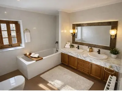 a bathroom with two sinks and a tub and a mirror at Masia Can Cenç in Collsuspina