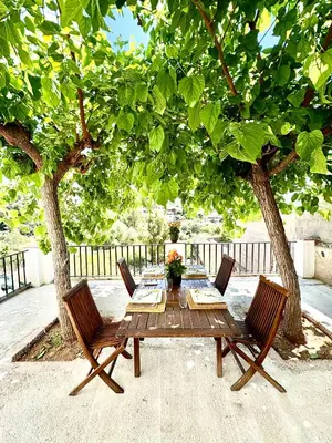 a wooden table and chairs under a tree at Mi casa soñada in Sant Pere de Ribes