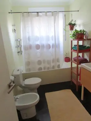 a bathroom with a toilet and a shower at Acogedor apartamento en el centro de Sitges in Sitges