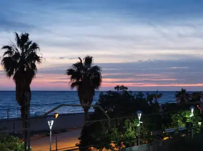 a view of the ocean at sunset with palm trees at Casa con vistas al mar y jardín in Canet de Mar