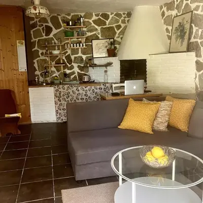 a living room with a couch and a table at Estudio limonero en Sant Cebriá de Vallalta 20' playa in Sant Cebrià de Vallalta