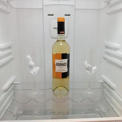 a bottle of wine in a refrigerator with two glasses at Apartamento Castellet1 in San Vicente de Castellet