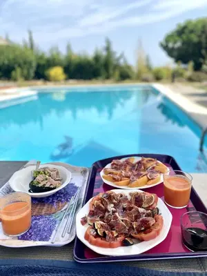 two plates of food on a tray next to a pool at CAN FENICIA - 30 min to F1 & MotoGP - Intimate Villa, Private Pool & Sea View in Arenys de Munt