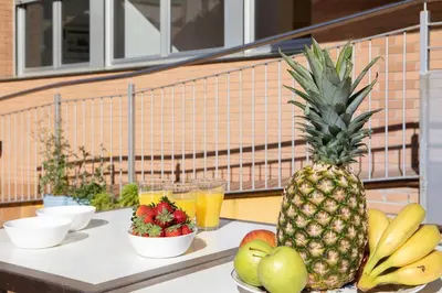 a table with a pineapple and fruit on a balcony at Lets Holidays Terrace Barcelona in Barcelona