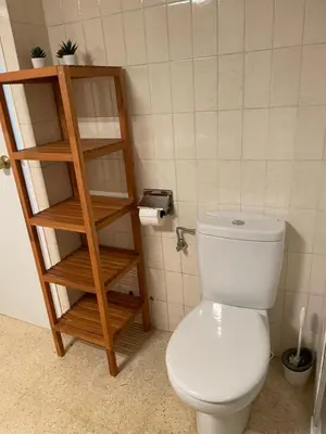 a bathroom with a white toilet and a wooden shelf at Apartament a Arenys de Mar in Arenys de Mar
