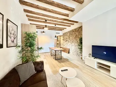 a living room with a couch and a tv at Piso con dos habitaciones con camas dobles y terrazas en el Poblenou in Barcelona