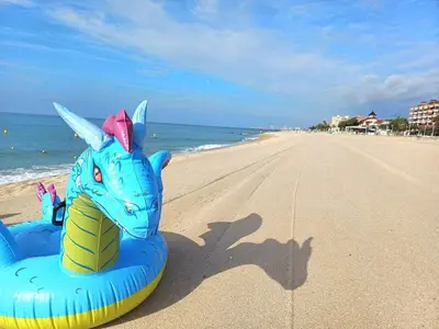 a inflatable animal is sitting on the beach at Oasis cerca de Barcelona in Sant Vicenç de Montalt