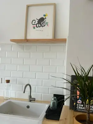 a kitchen sink with a picture of a cat on the wall at Son Roca Ribes Guest House in Sant Pere de Ribes