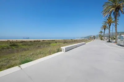 a walkway with palm trees on the side of a beach at Namasté by Seaside Homes in Castelldefels