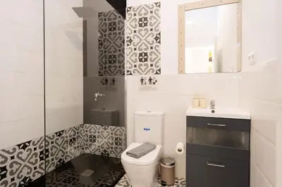 a bathroom with a toilet and a sink and a mirror at EXT Studio todo equipado, 15' de BCN centro 8' playa in Sant Adria de Besos