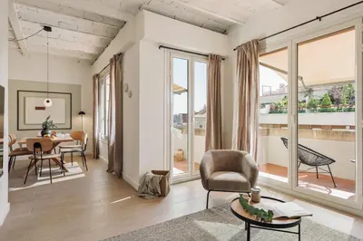 a bathroom with a shower and a sink and a mirror at Solea - 3 bedrooms and balcony in Eixample Dreta in Barcelona