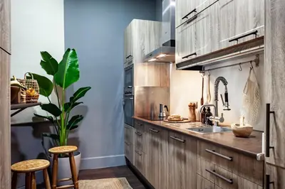 a kitchen with wooden cabinets and a sink and a plant at Depok - 2 bedrooms and balcony in Eixample Dreta in Barcelona
