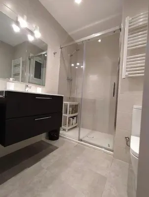 a bathroom with a shower and a sink and a mirror at Confort y Calma en Barcelona in Barcelona