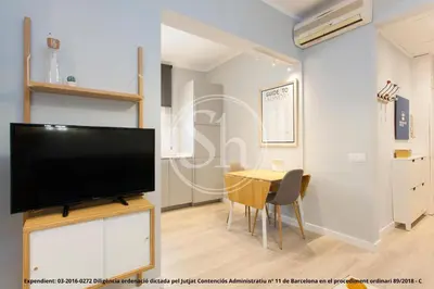 a blue couch in a living room with a mirror at Bonito apartamento para 3 en Poble Sec in Barcelona