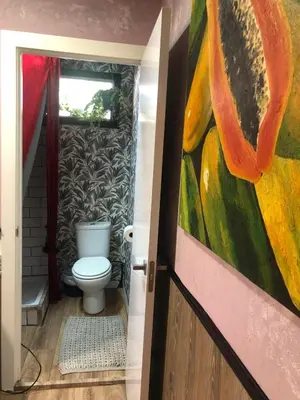 a bathroom with a toilet and a painting on the wall at Piso para pareja in Barcelona