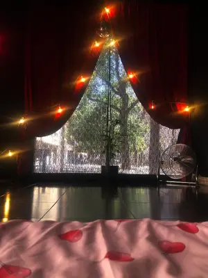 a christmas tree in front of a window with lights at Piso para pareja in Barcelona