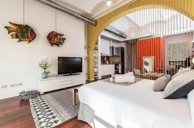 a bedroom with a large bed and a tv at Sweett - Loft Villa Olimpica Beach in Barcelona