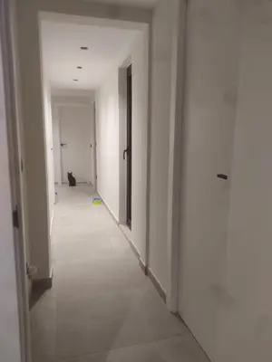 an empty hallway with white walls and a cat in the distance at Habitación Grande en Apartamento Compartido in Sant Boi del Llobregat
