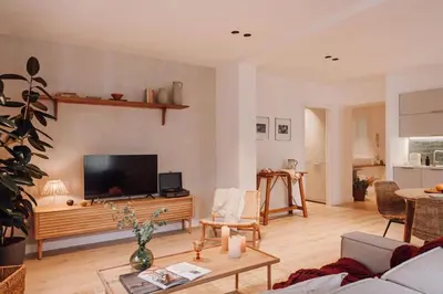 a living room with a couch and a tv at Casares - 1 bedroom in Gràcia in Barcelona