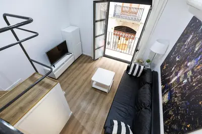 a living room with a couch and a television at Homenfun Barcelona Ciutat Vella in Barcelona