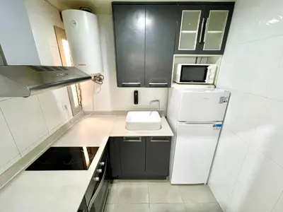 a small kitchen with a sink and a refrigerator at Gran apartamento nuevo de 3 Hab, a 1 minuto del metro HBB in Hospitalet de Llobregat