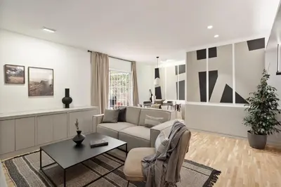 a white kitchen with a sink and a refrigerator at Torla - 3 bedrooms and terrace in Sant Gervasi in Barcelona
