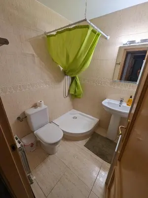 a bathroom with a toilet and a sink with a green umbrella at Large and calm 3 bedroom apartment with terrace in Barcelona