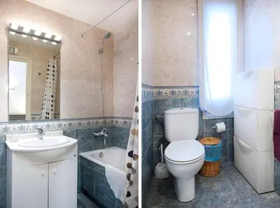 two pictures of a bathroom with a toilet and a sink at Attic with terrace Barcelona center in Barcelona