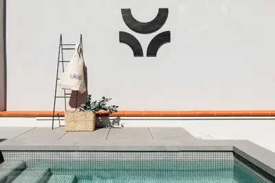 a potted plant sitting next to a swimming pool at Merzouga - 1 bedroom, a pool and terrace in Gràcia in Barcelona