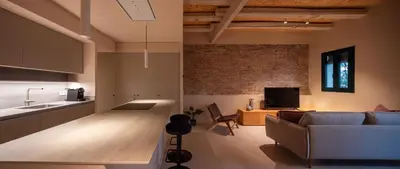 a living room with a brick ceiling and a table at Casa Badajoz in Barcelona