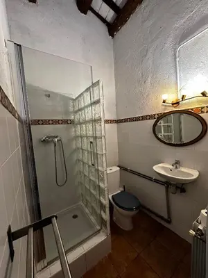 a bathroom with a shower and a toilet and a sink at Maset del Garraf in Olesa de Bonesvalls
