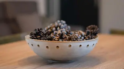 a bowl filled with pine cones on a wooden table at Can Davilas Rustic Mountain House in Monistrol de Calders