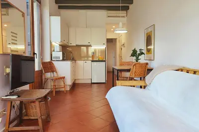 a room with a kitchen and a living room at Rambla F - Plaça Catalunya great views in Barcelona