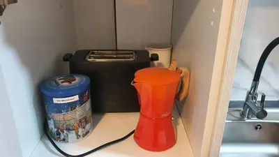 a kitchen counter with a juicer and a container next to a sink at Vallgorguina Uno in Vallgorguina