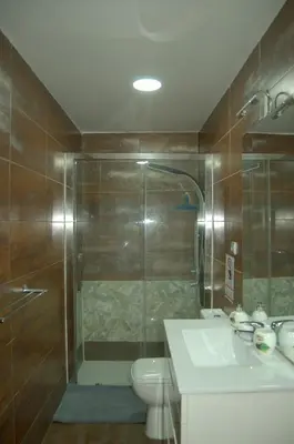 a bathroom with a shower and a sink and a toilet at casa vacacional con piscina privada in Sant Cebrià de Vallalta