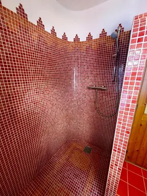 a red tiled bathroom with a shower and a red floor at Casa familiar con piscina cerca del mar y montaña in San Pol de Mar