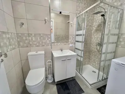 a bathroom with a toilet and a shower and a sink at Sunny Terrace Apartment in Santa Coloma de Gramanet