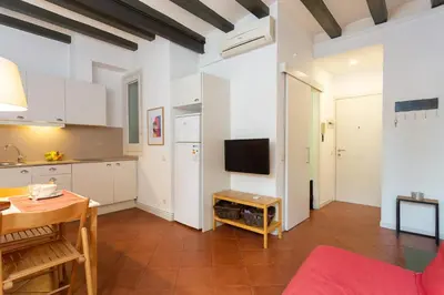 a kitchen with white cabinets and a tv on a wall at Tranquil Cozy with balcony Plaça Catalunya. RI. in Barcelona