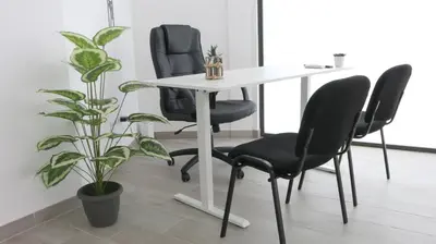 an office with a table and chairs and a plant at El Barco Aparta Hotel in Hospitalet de Llobregat