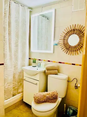 a bathroom with a toilet and a sink and a mirror at Basic interior Apartment Sagrada Familia Excellent for exploring Barcelona Very good location in Barcelona